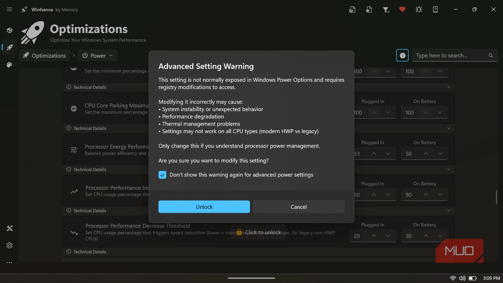 Winhance app advanced setting warning pop-up.
