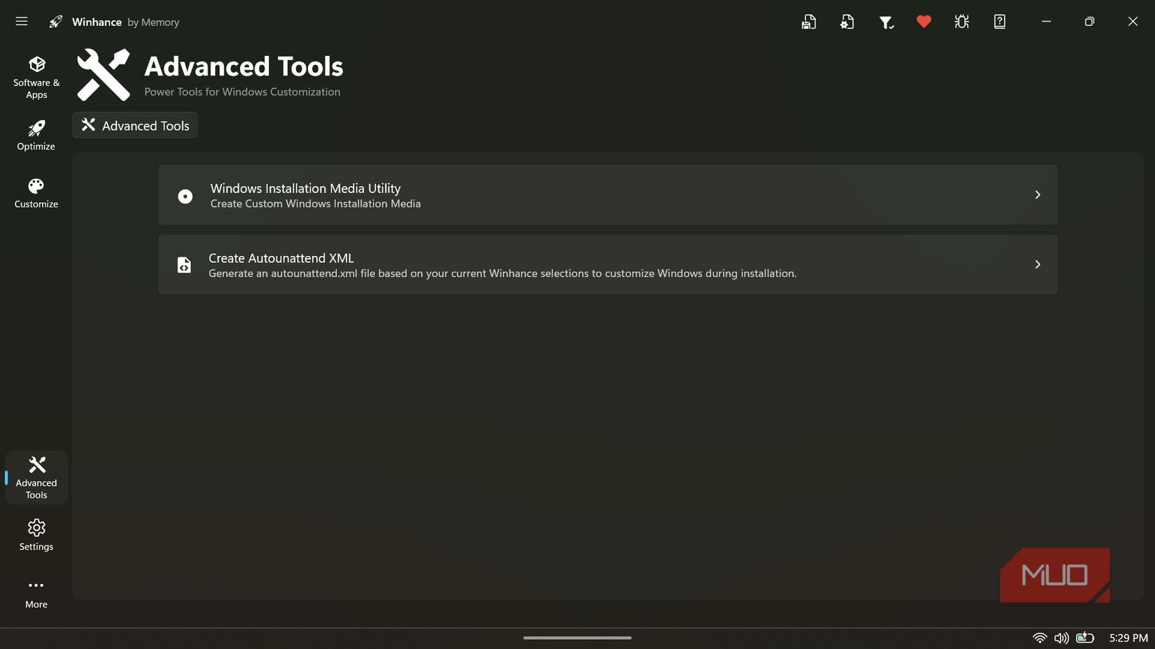 Winhance app Advanced Tools menu.