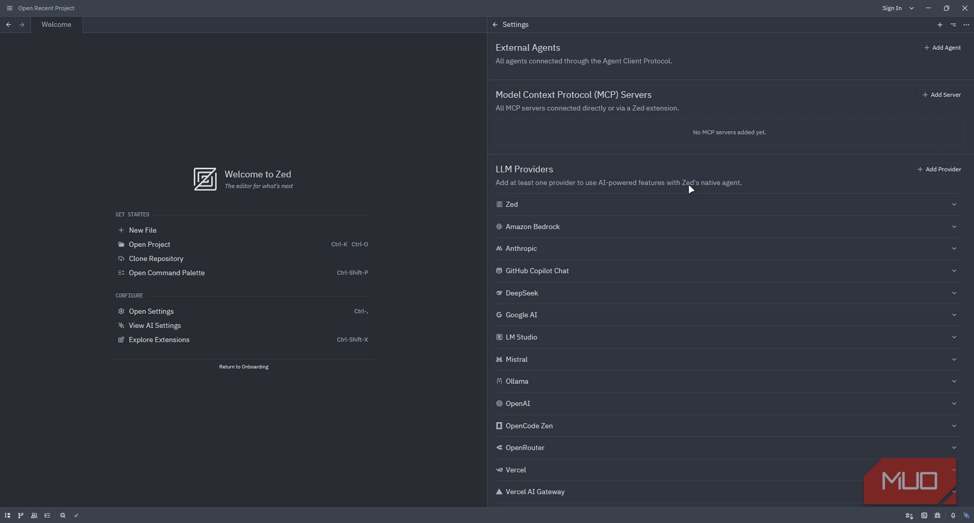 Zed editor AI model provider settings.