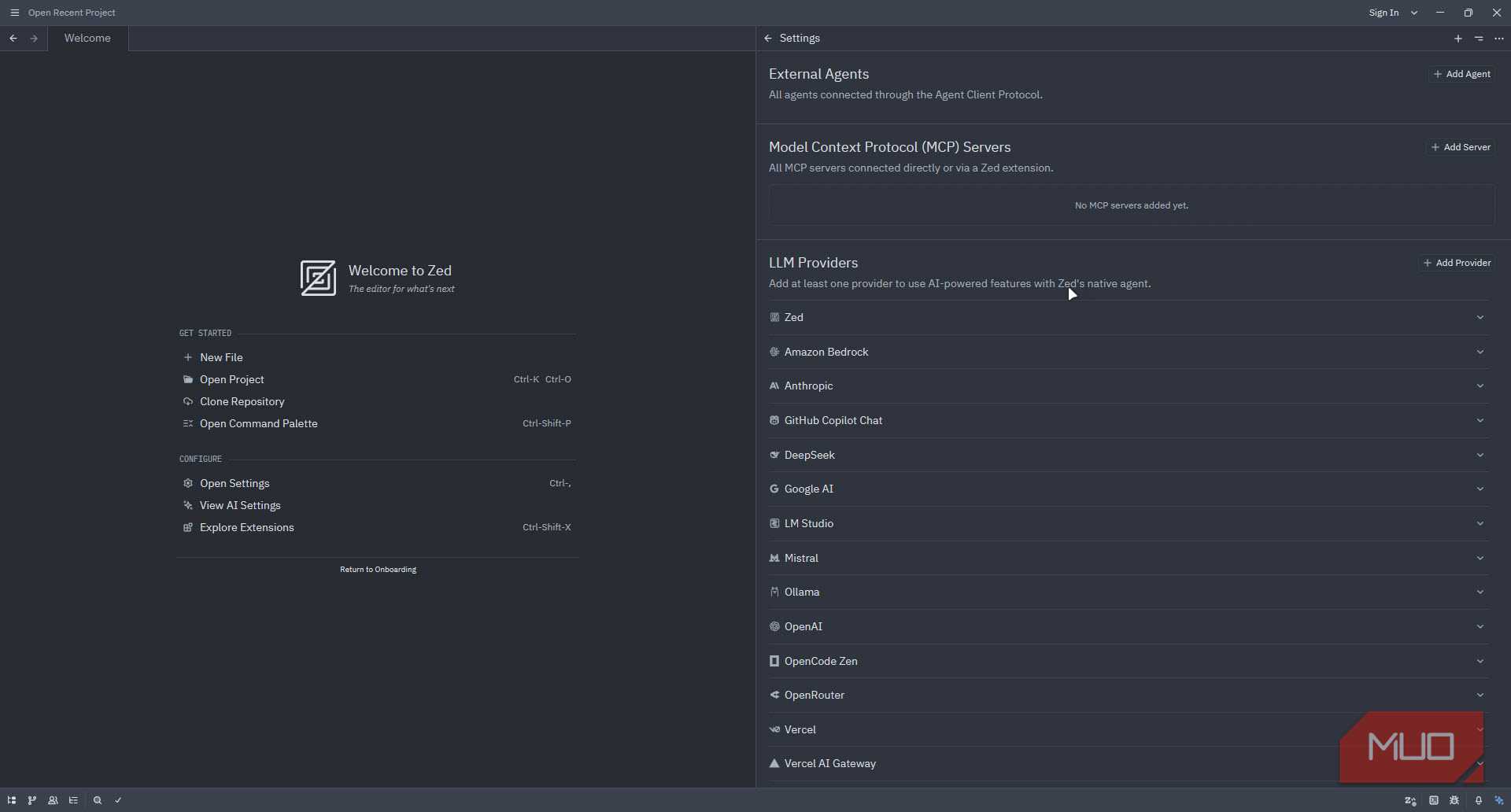 Zed editor AI model provider settings.