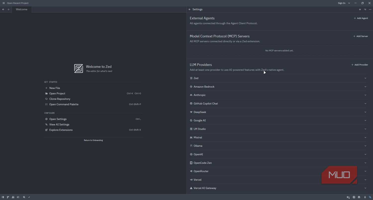 Zed editor AI model provider settings.