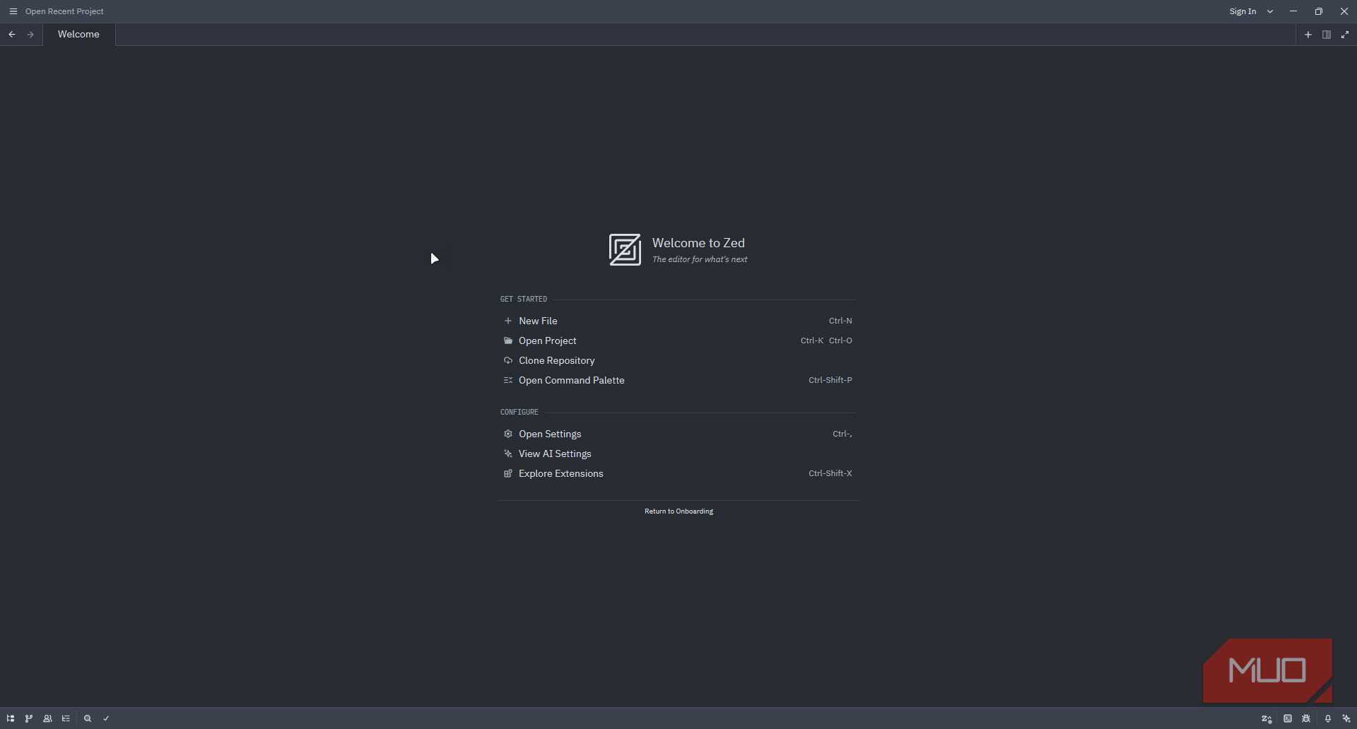 Zed editor home screen.