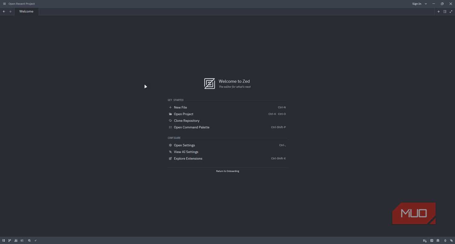 Zed editor home screen.