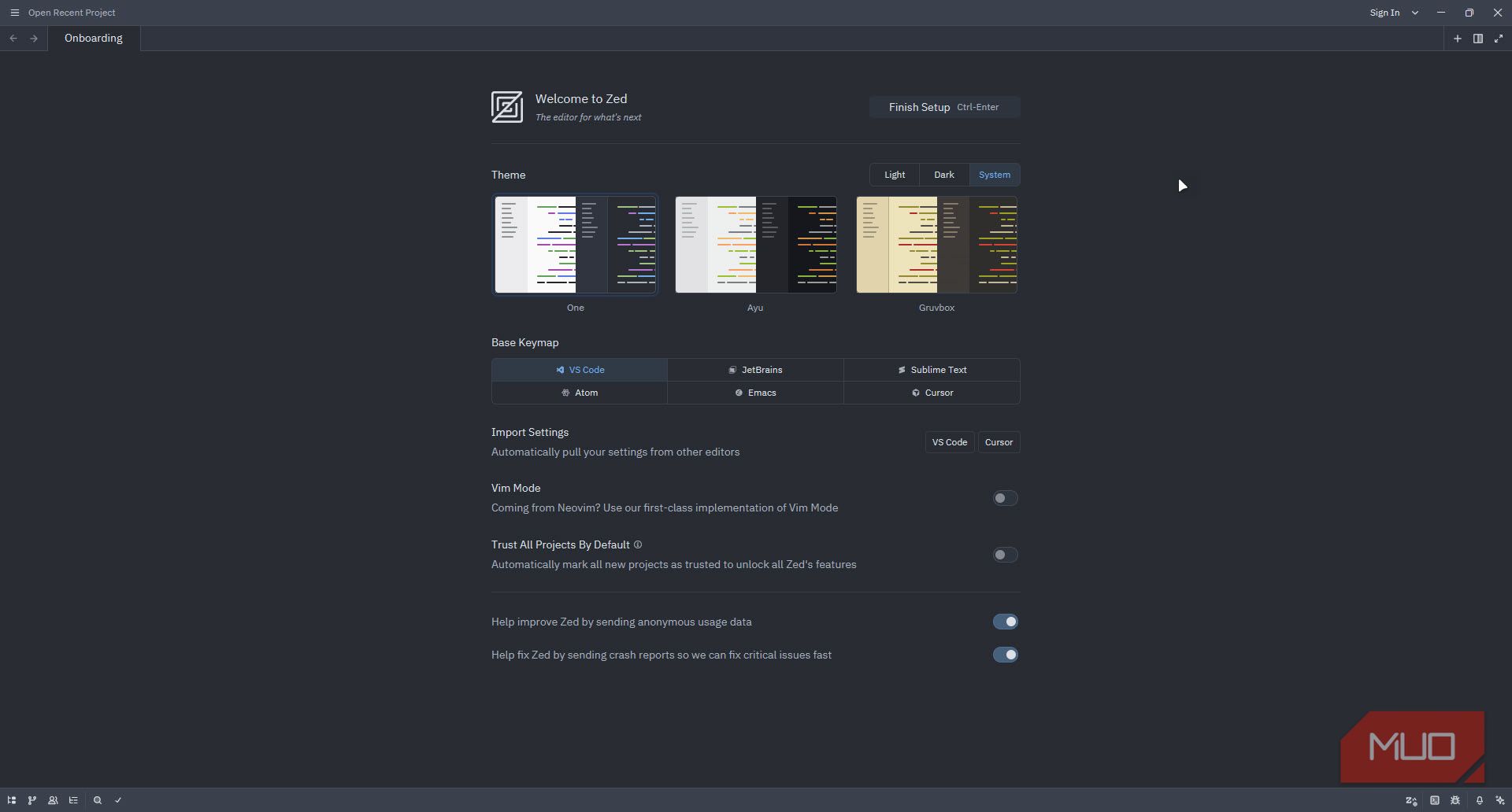 Zed editor onboarding screen.