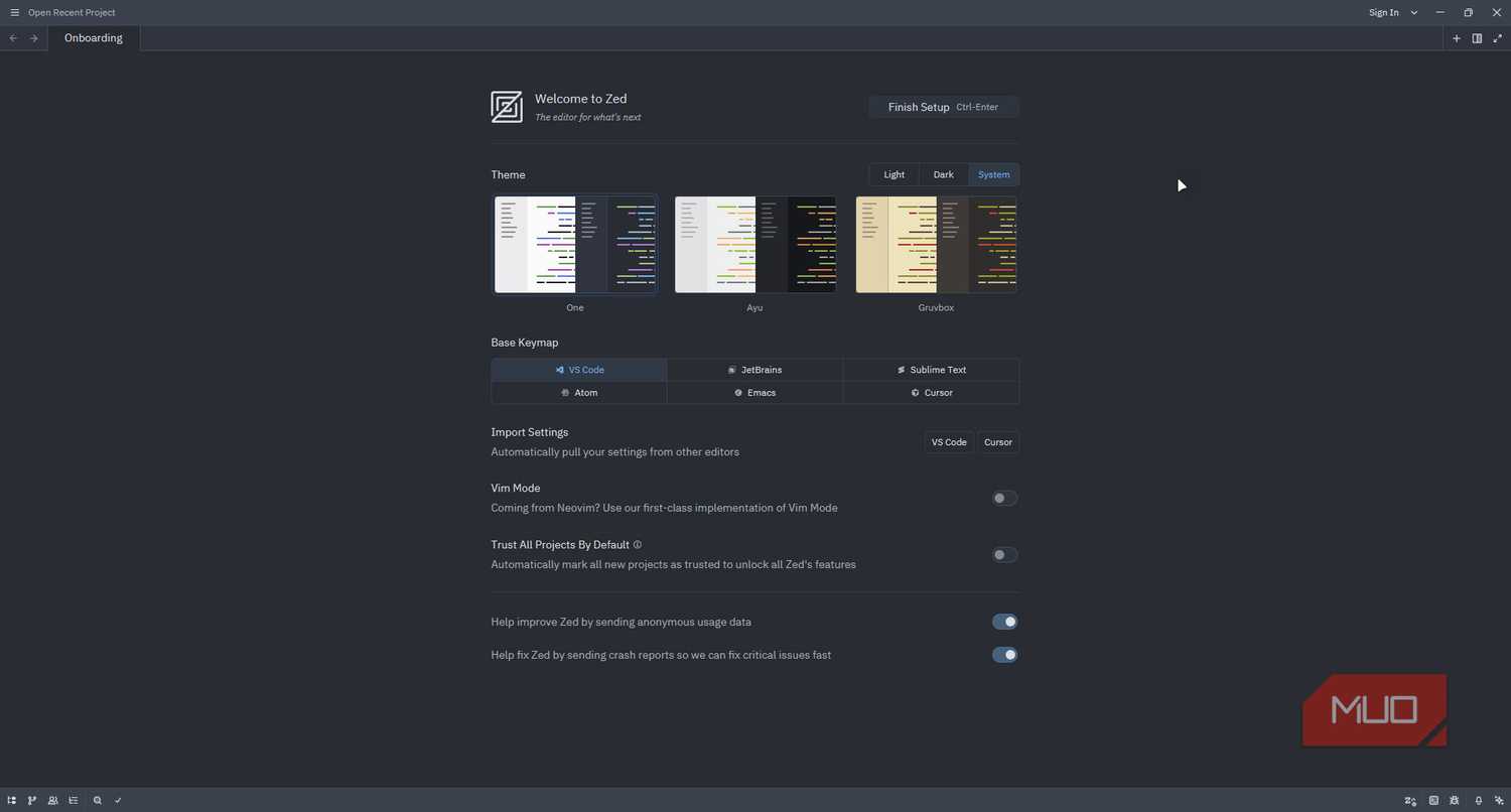 Zed editor onboarding screen.
