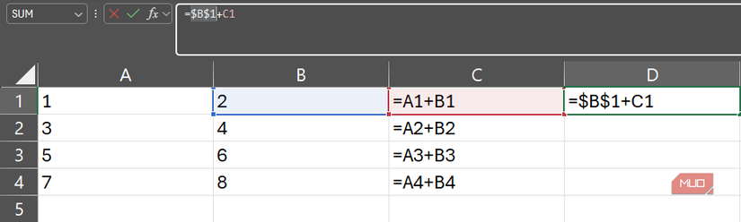 A cell reference with dollar signs highlighted in the formula bar in Excel.