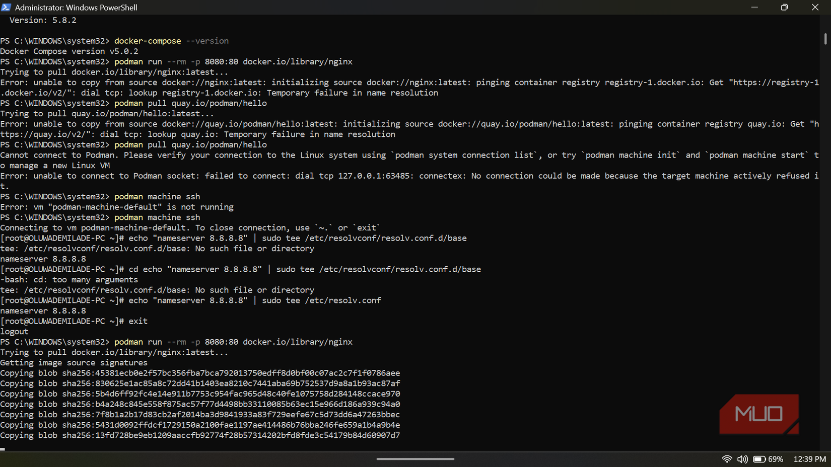 A command-line session where network resolution errors in Podman are troubleshot and resolved by SSHing.