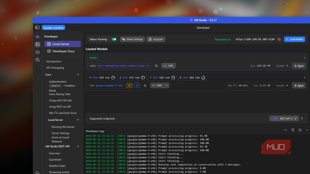 LM Studio running both a language model and an embedding model simultaneously.