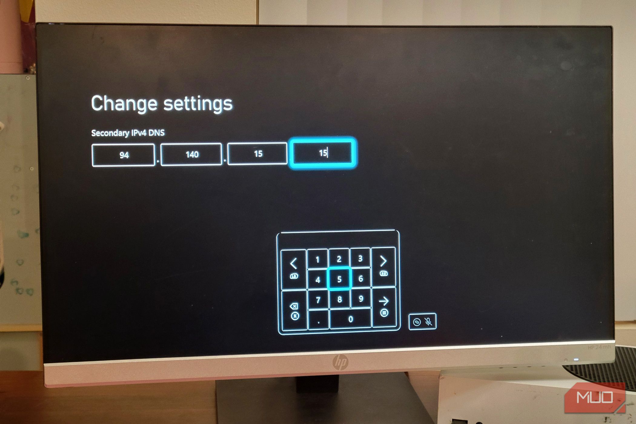 A Microsoft Xbox entering the DNS settings