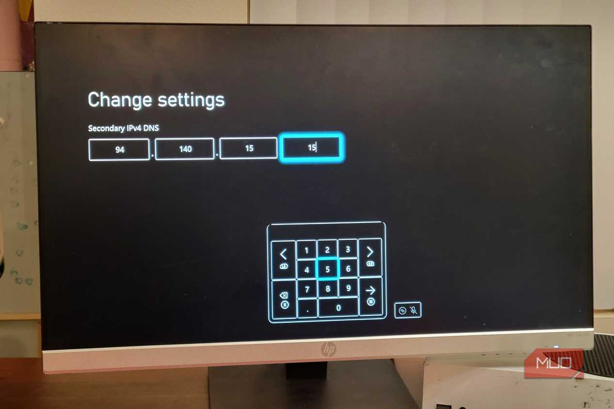 A Microsoft Xbox entering the DNS settings