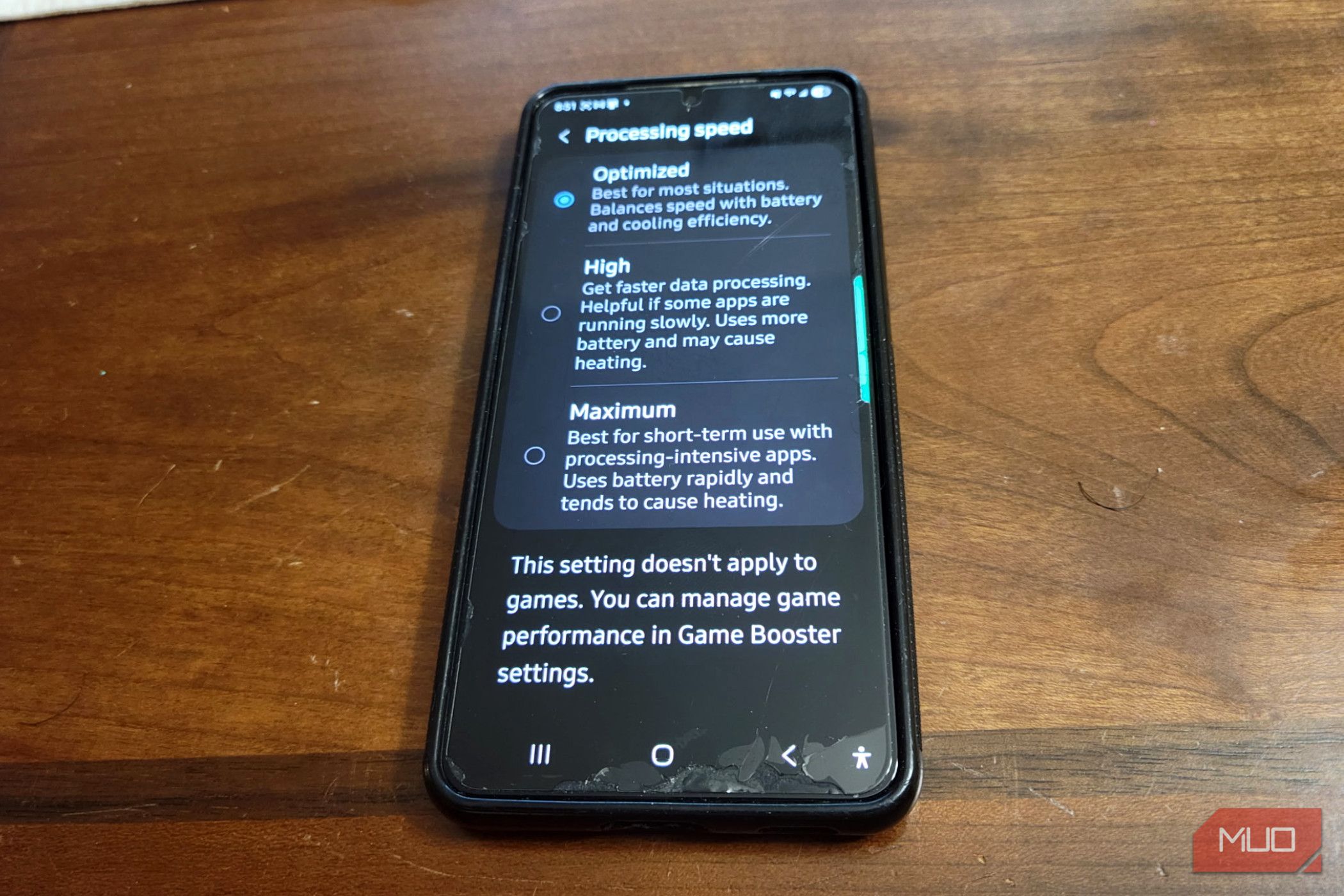 A phone showing optimized settings in an Android