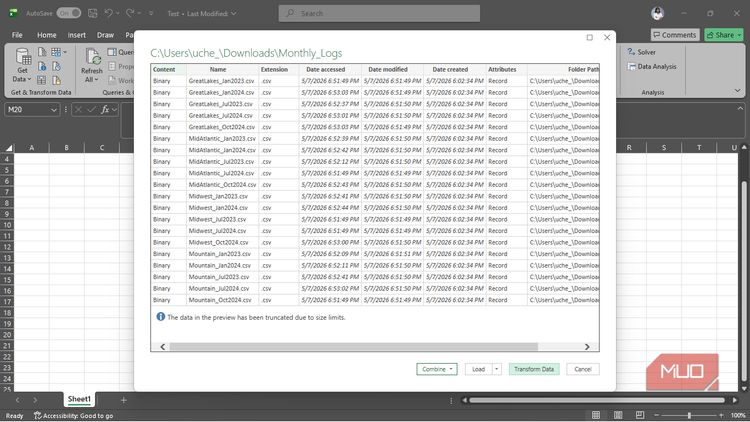 A preview of csv files to be imported into Power Query in Excel.