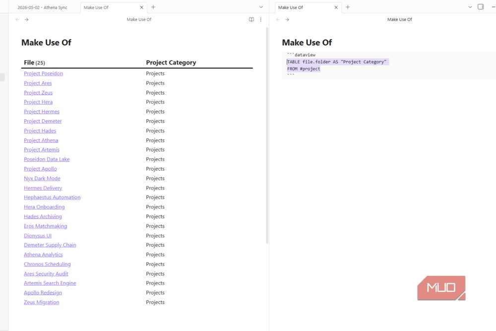 Dataview tables automatically pull and display project data from across your vault