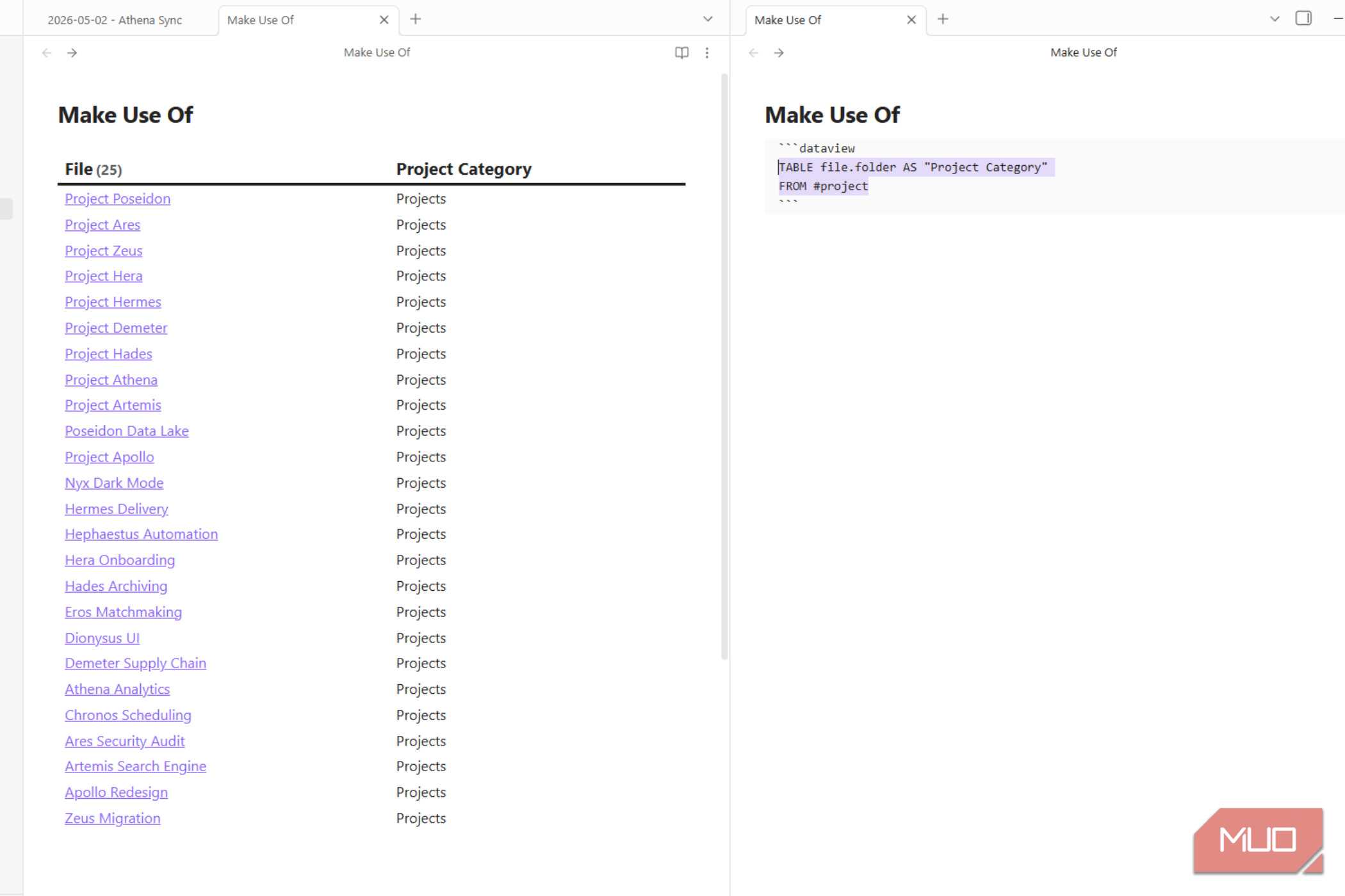 A side by side view of dataview working in Obsidian