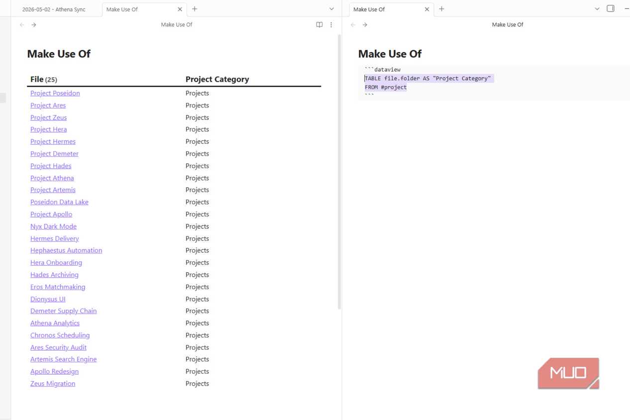 A side by side view of dataview working in Obsidian