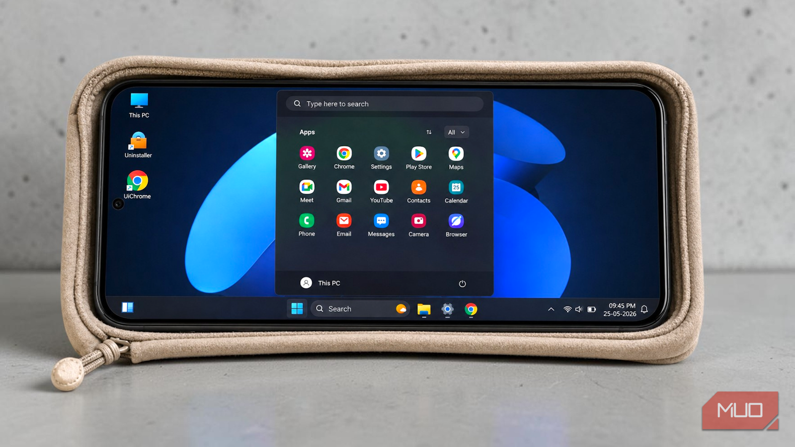 A smartphone displaying a Windows 11-style Android launcher.