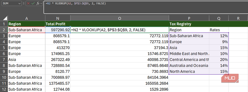 A VLOOKUP formula in Excel with absolute references.