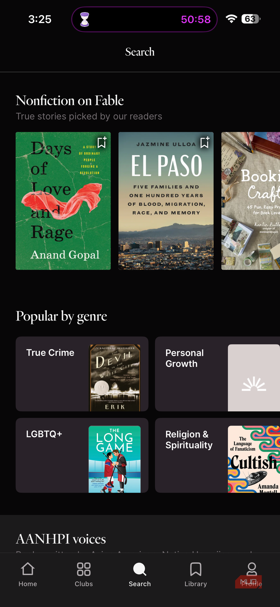 aanipi book app home screen showing nonfiction on fable section with featured books and popular genre categories