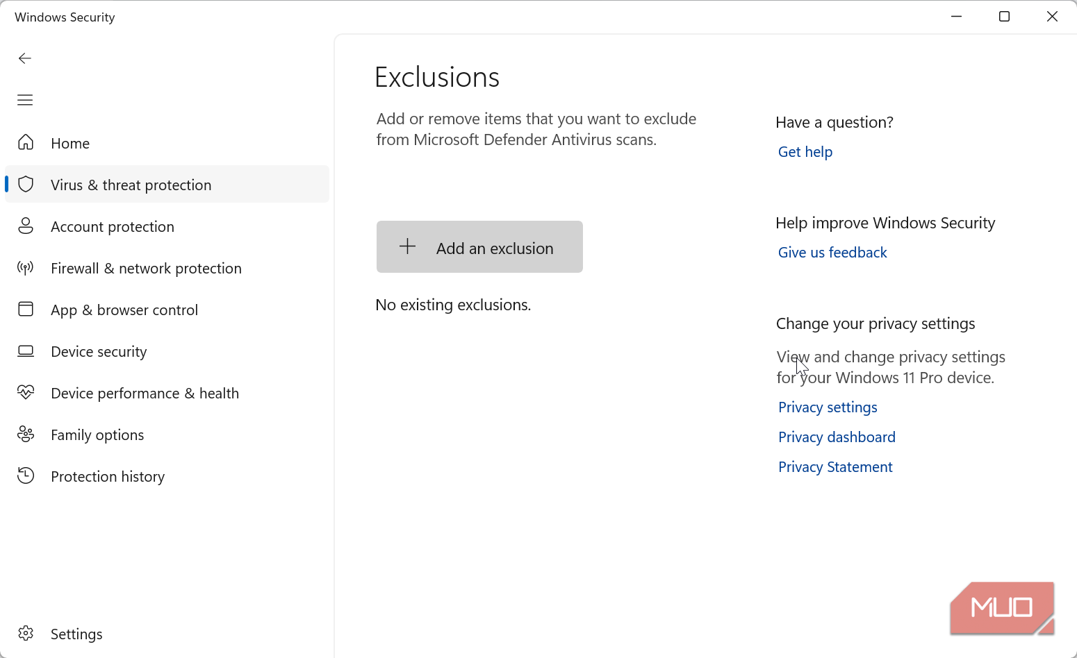 Add an exclusion option of Windows Security