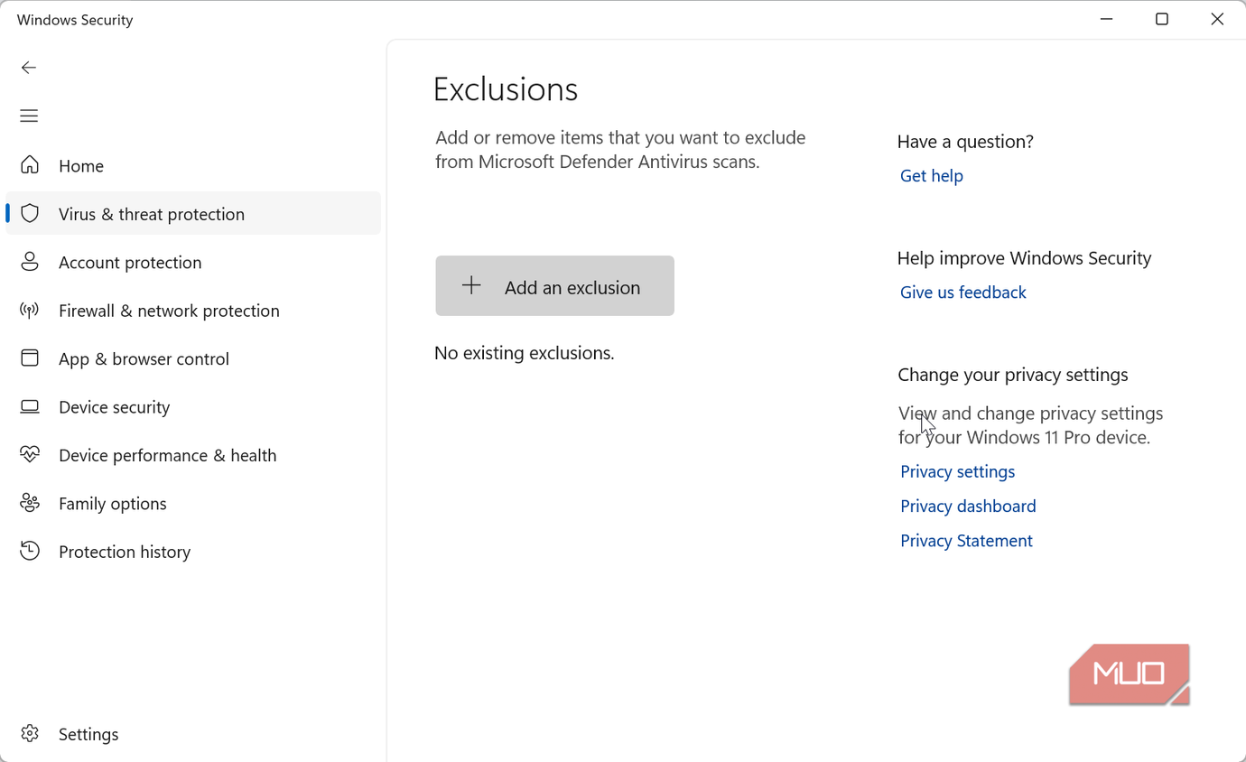 Add an exclusion option of Windows Security