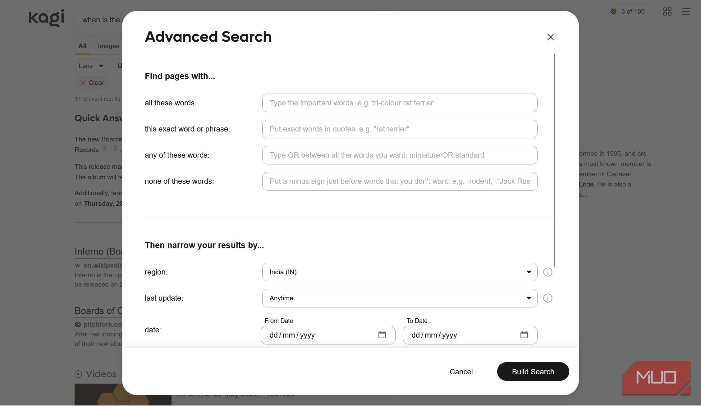 Advanced search in Kagi