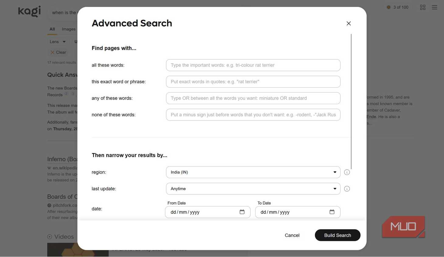 Advanced search in Kagi
