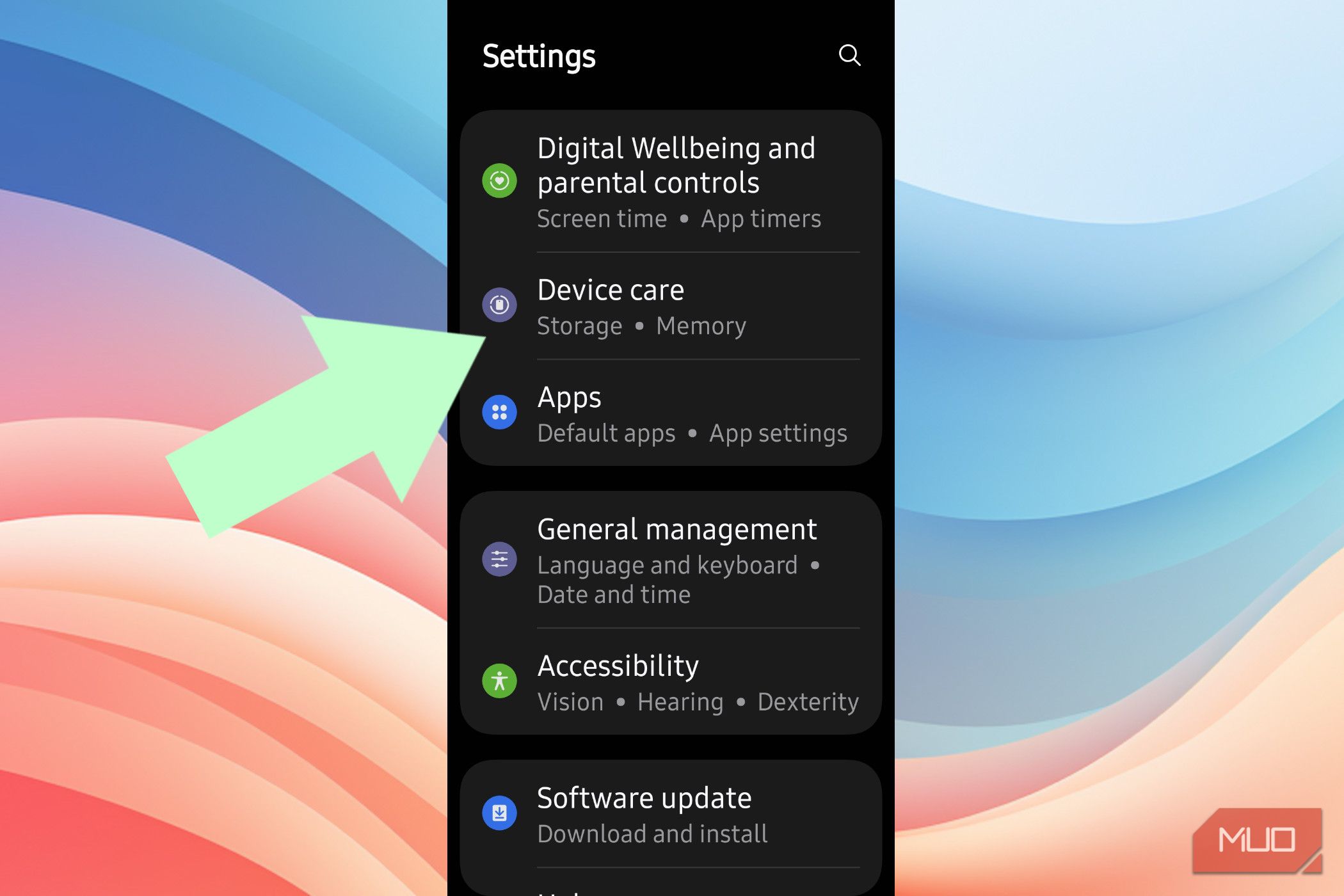 An arrow pointing at Device Care in Android