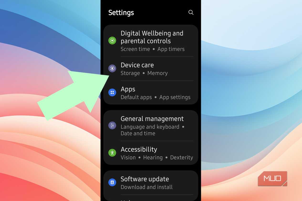 An arrow pointing at Device Care in Android