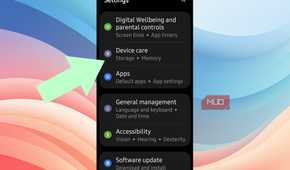 An arrow pointing at Device Care in Android