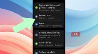 An arrow pointing at Device Care in Android