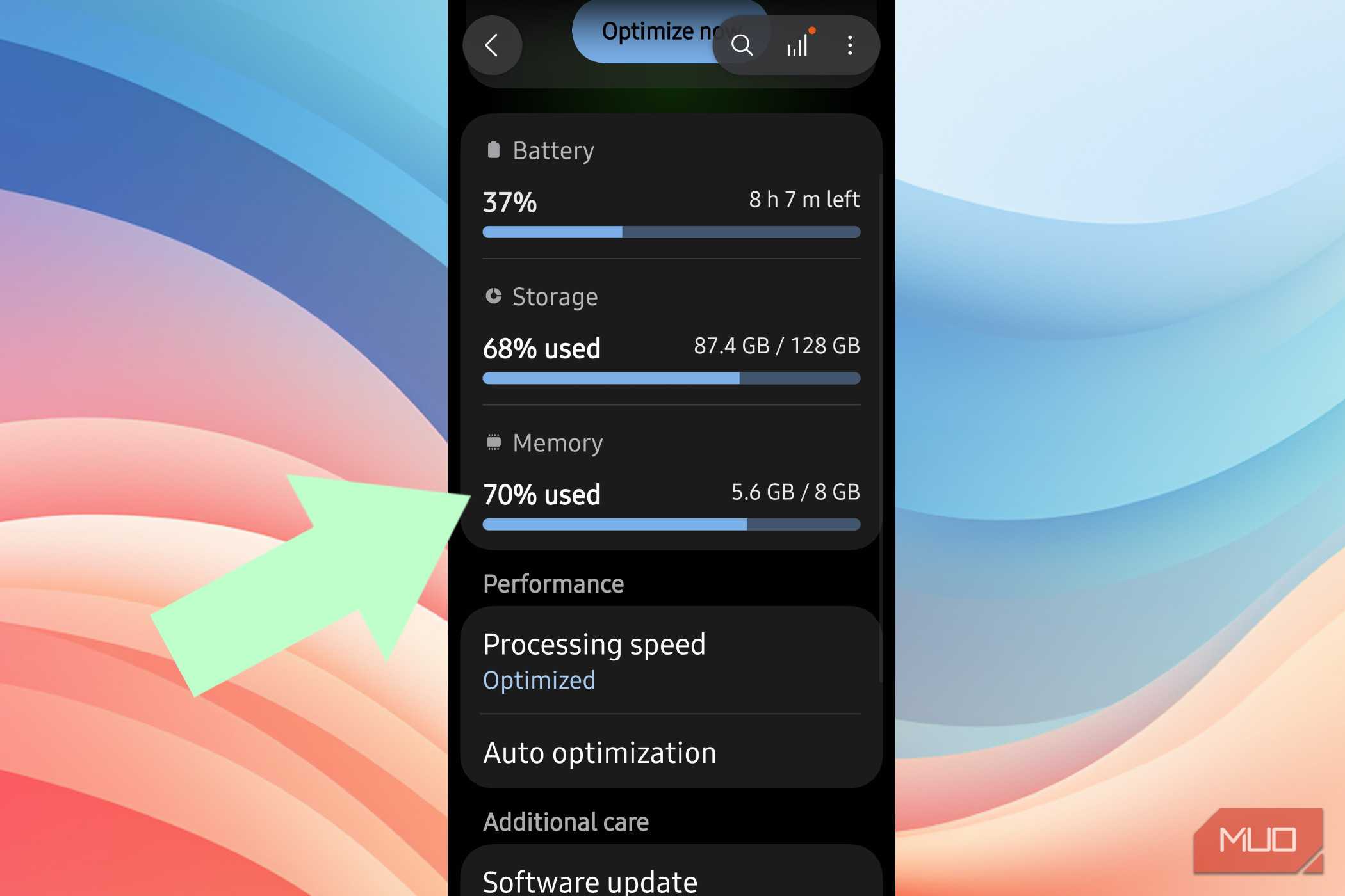 An arrow pointing at Memory in Android