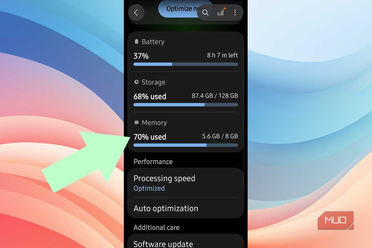An arrow pointing at Memory in Android