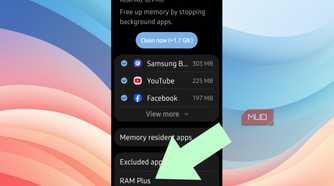 An arrow pointing at RAM Plus on Android