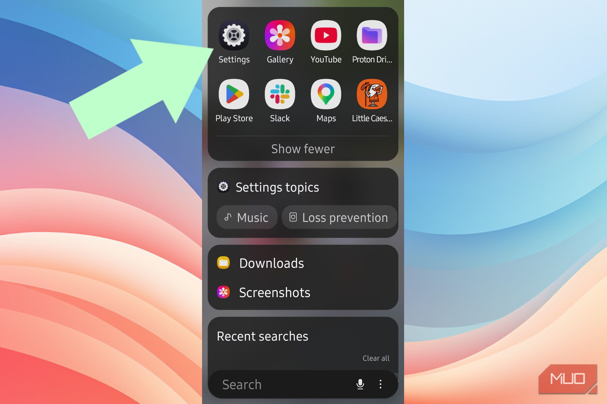 An arrow pointing to the Settings app in Android