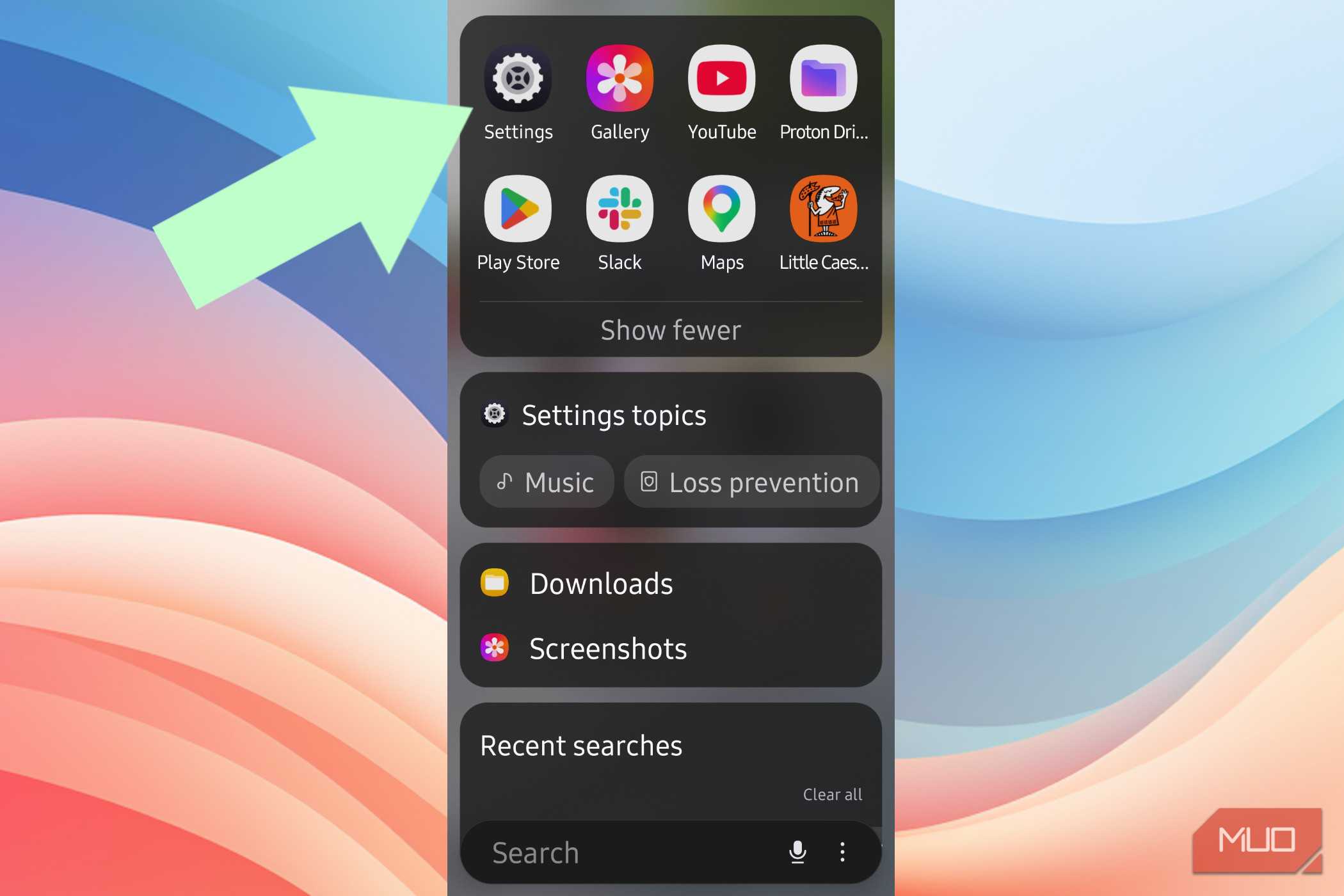 An arrow pointing to the Settings app in Android