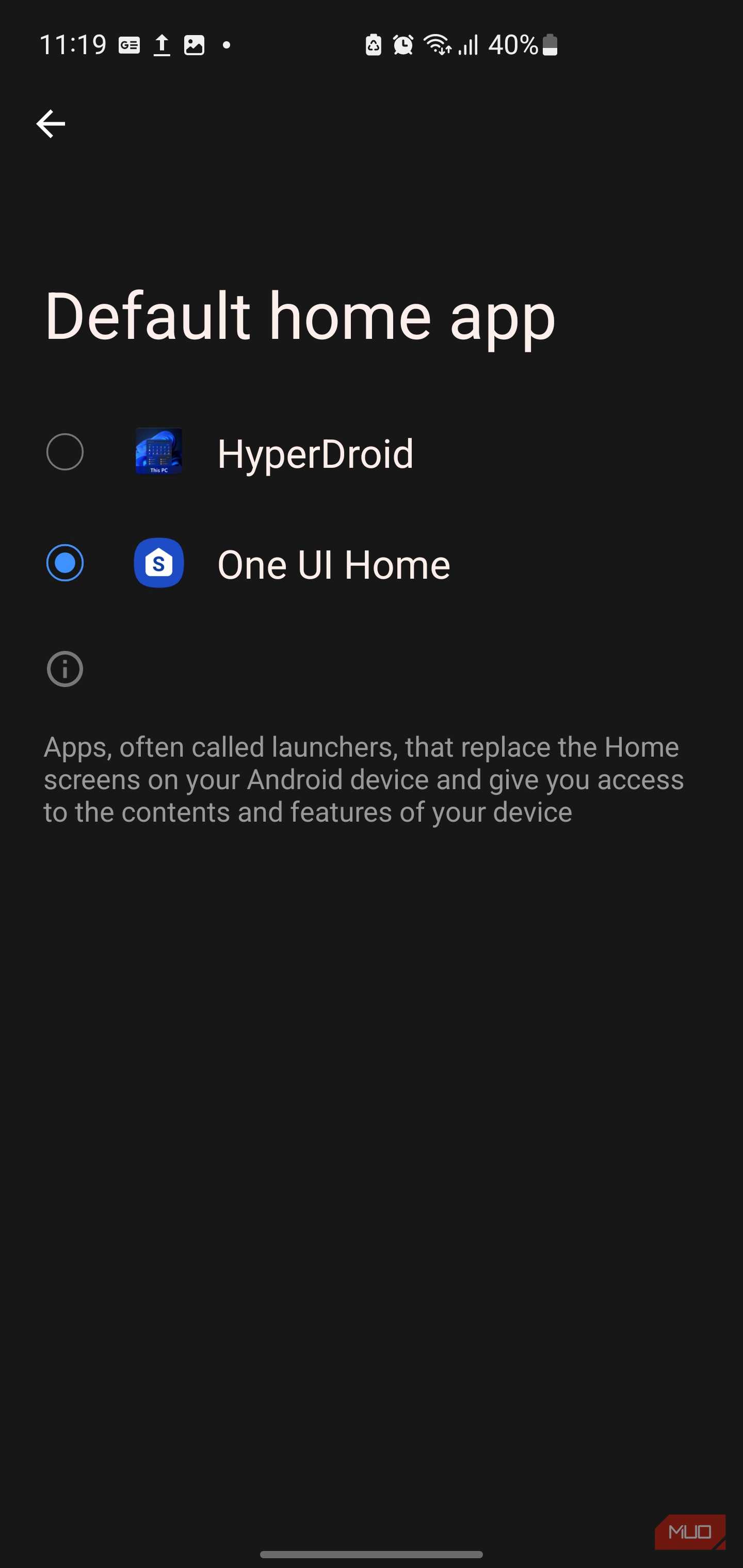 Android Default home app settings menu.