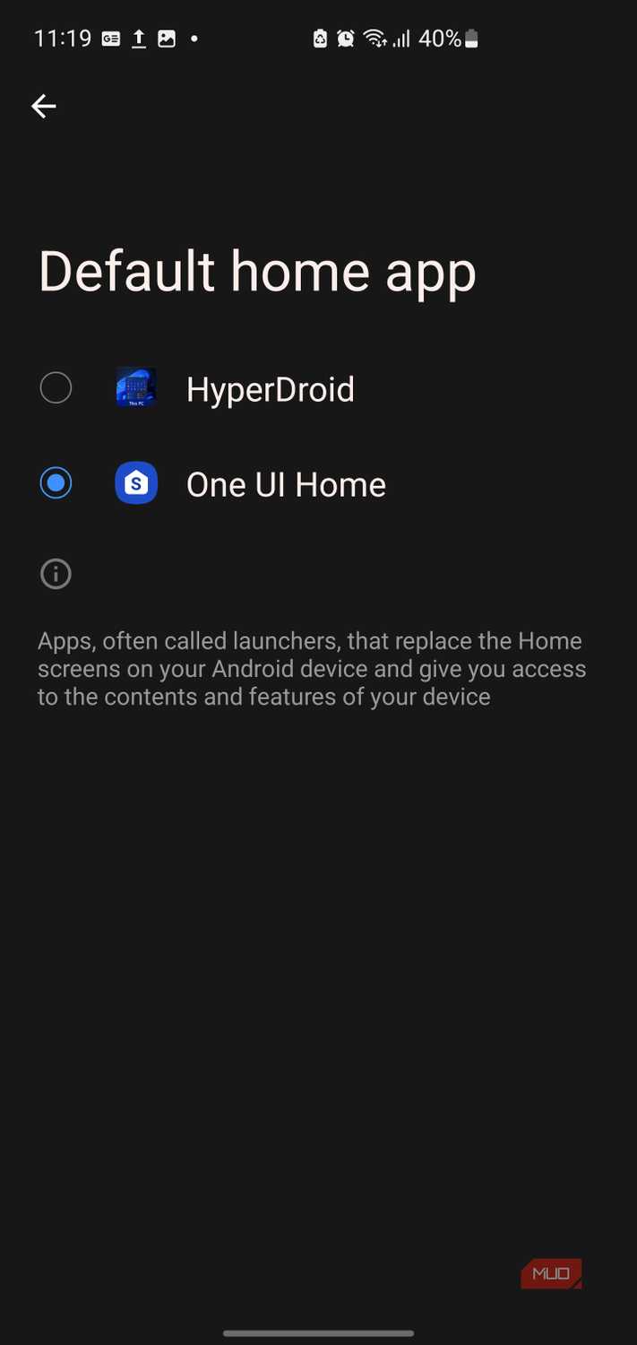 Android Default home app settings menu.