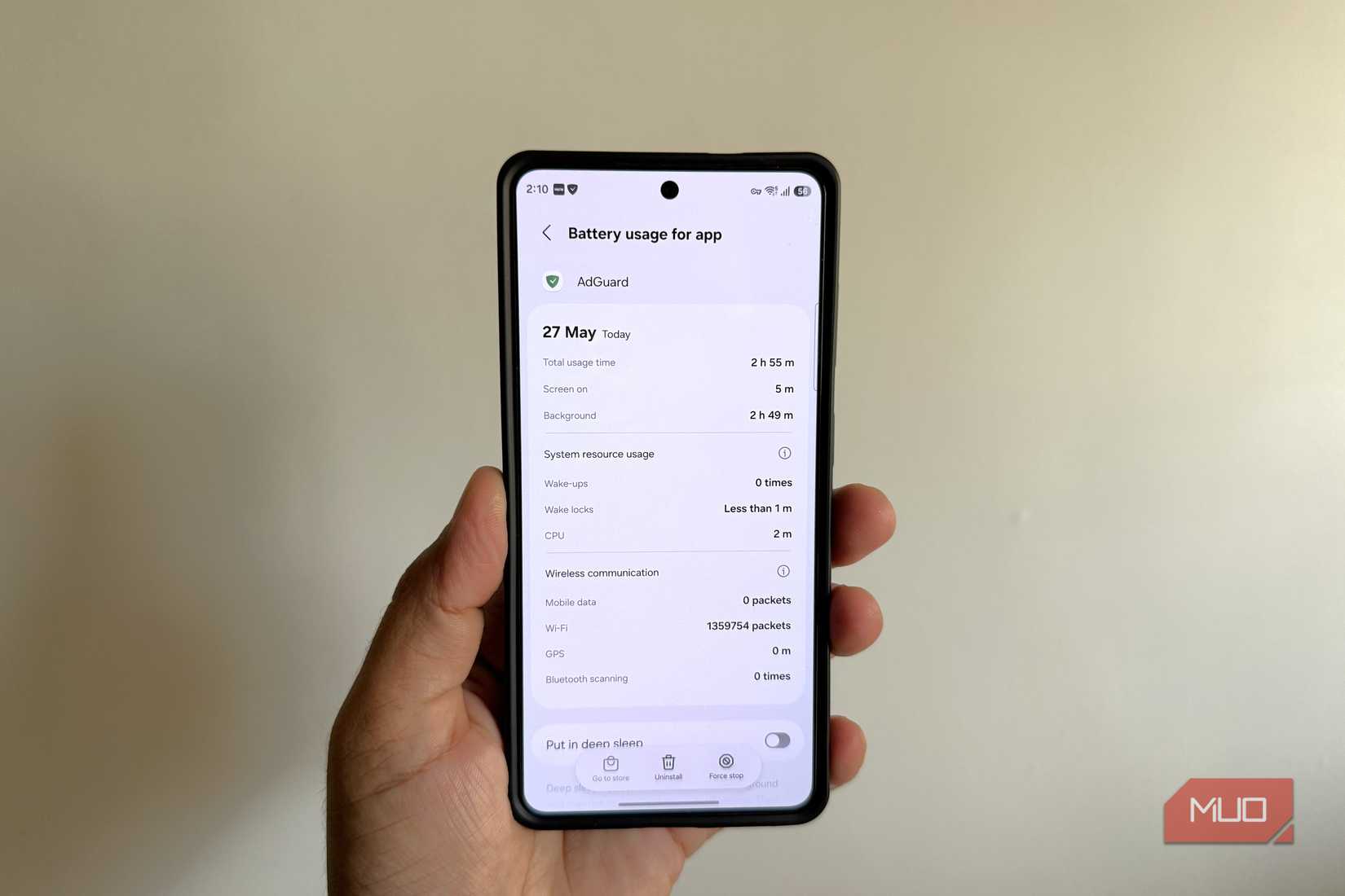Android phone showing AdGuard battery usage menu