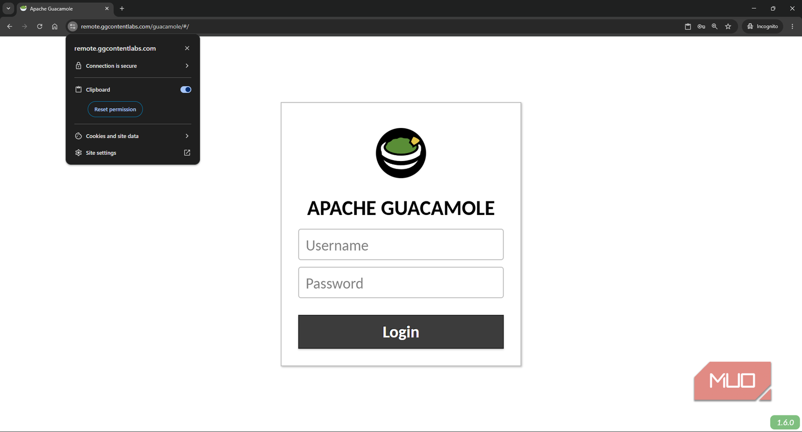 Apache Guacamole login page with TLS certificate