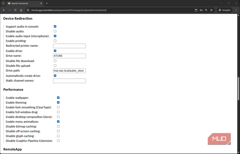 Apache Guacamole connections settings and options