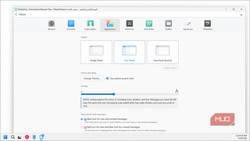Mailspring's appearance settings on Windows 11