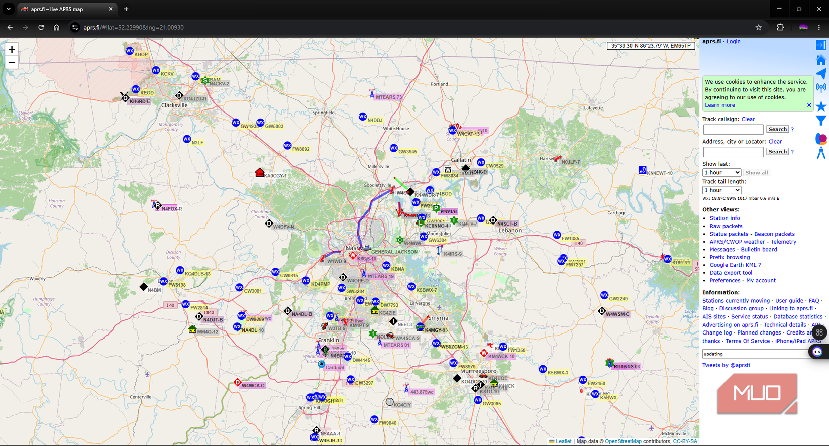 APRS.fi website map showing active APRS beacons and stations
