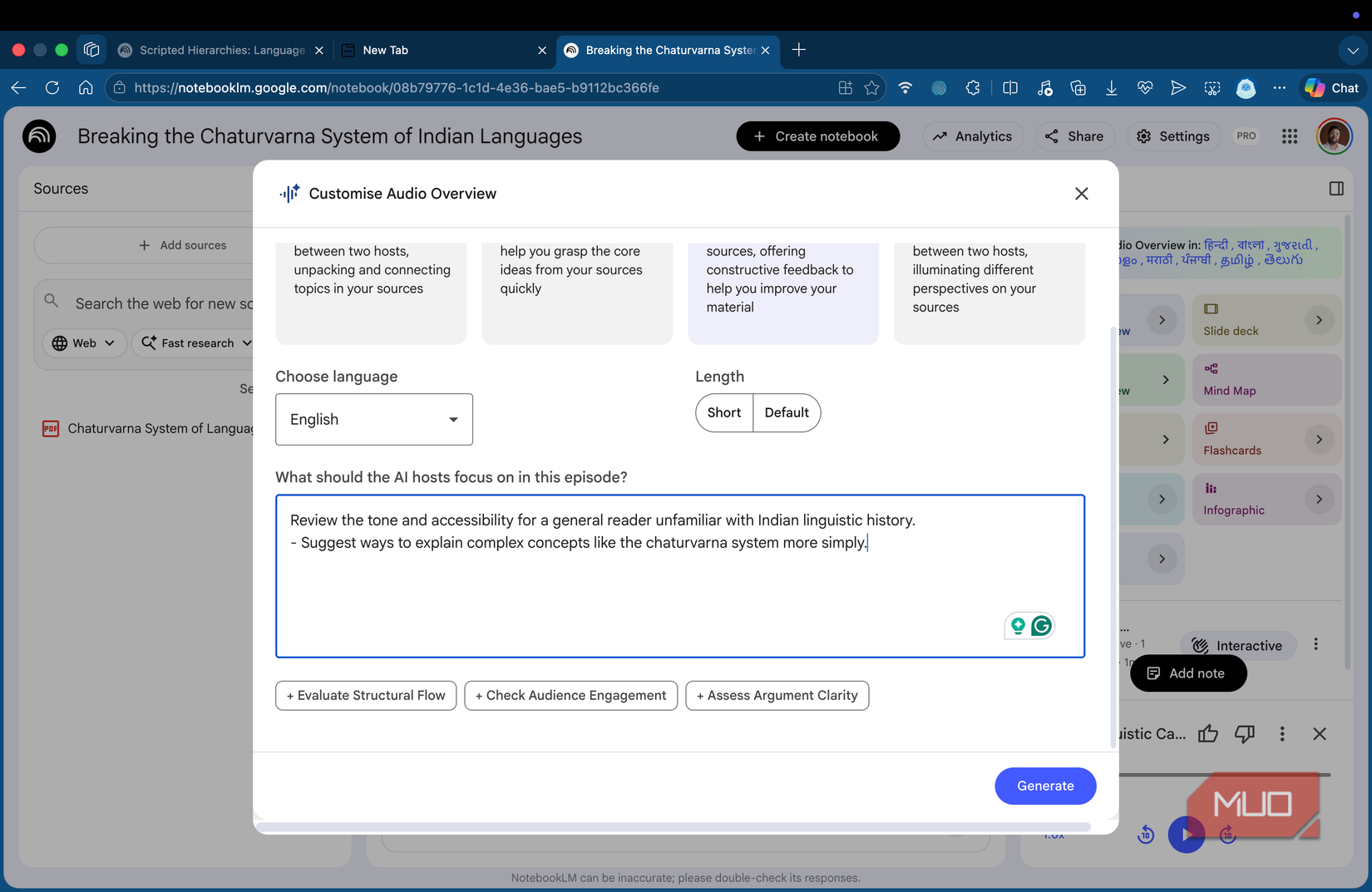 a screen showing the multiple customization options that NotebookLM offers for audio overviews