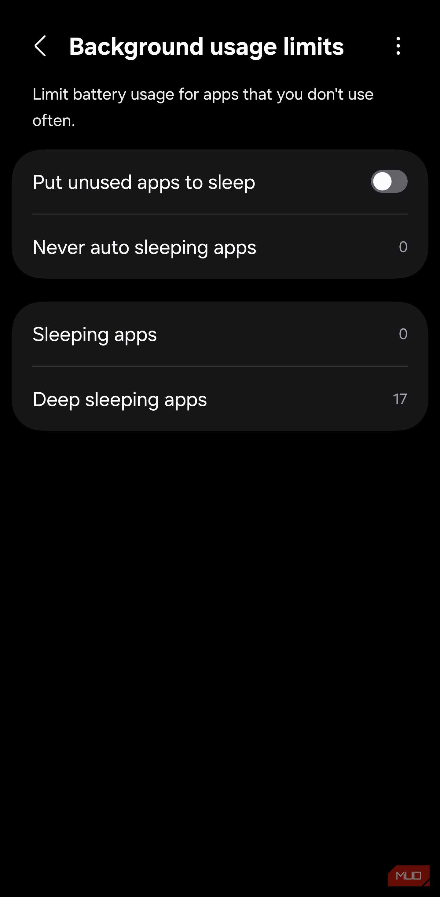 Background usage limits with auto sleep off