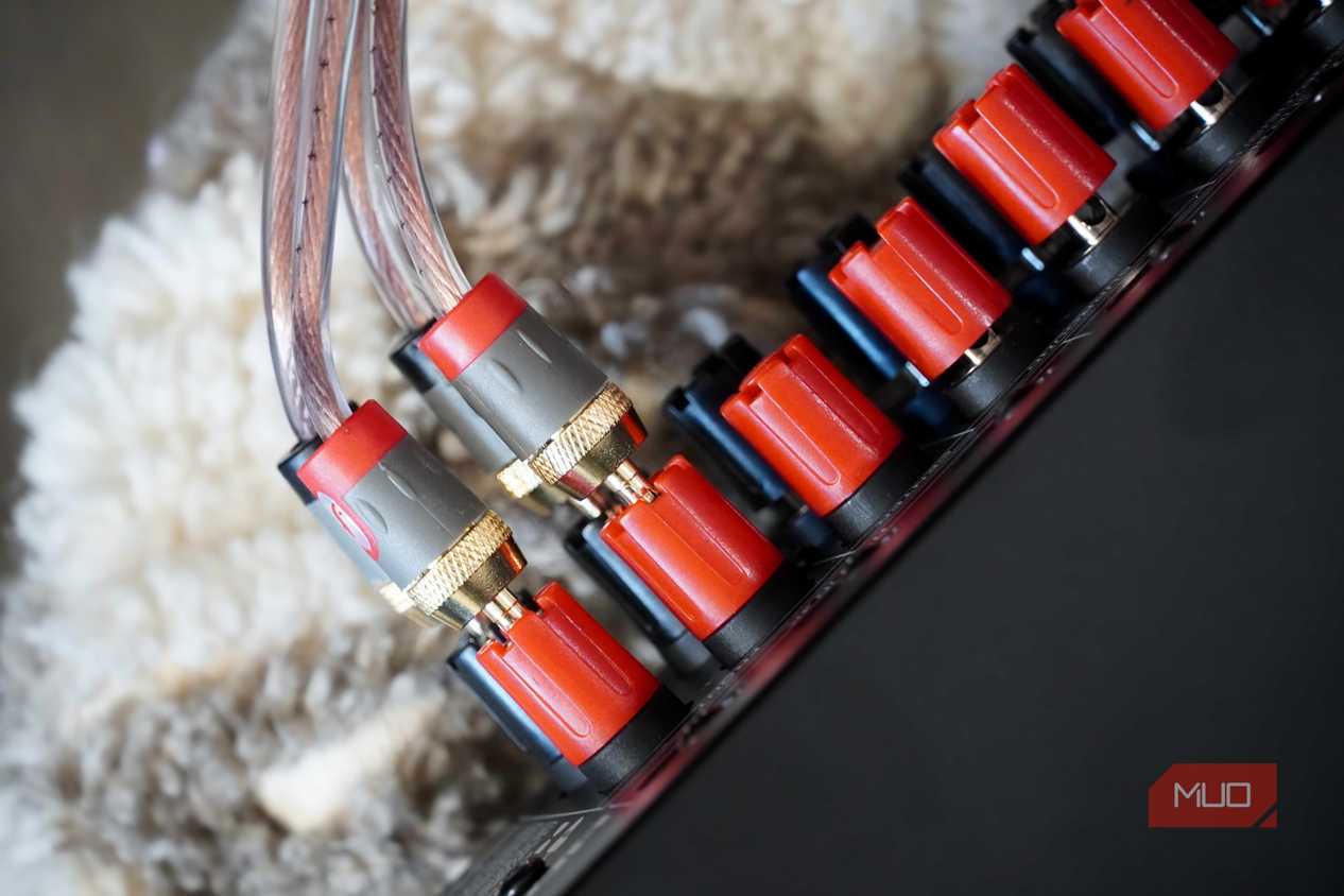 Banana plugs connected to an AV receiver.