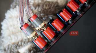 Banana plugs connected to an AV receiver.