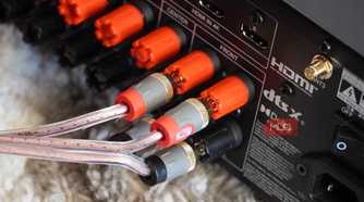 The back of a receiver connected to banana plugs.