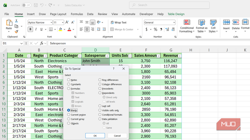 Blanks option selected in Go To Special dialog box in Excel.