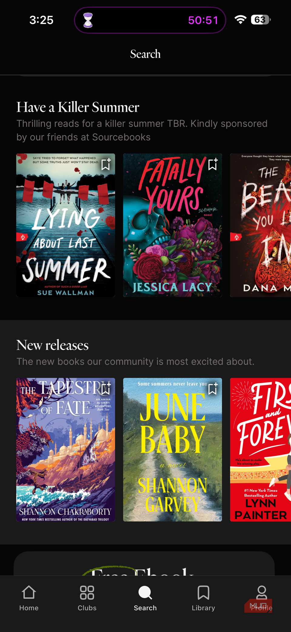 book reading app interface showing killer summer collection and new releases with search and navigation tabs at bottom