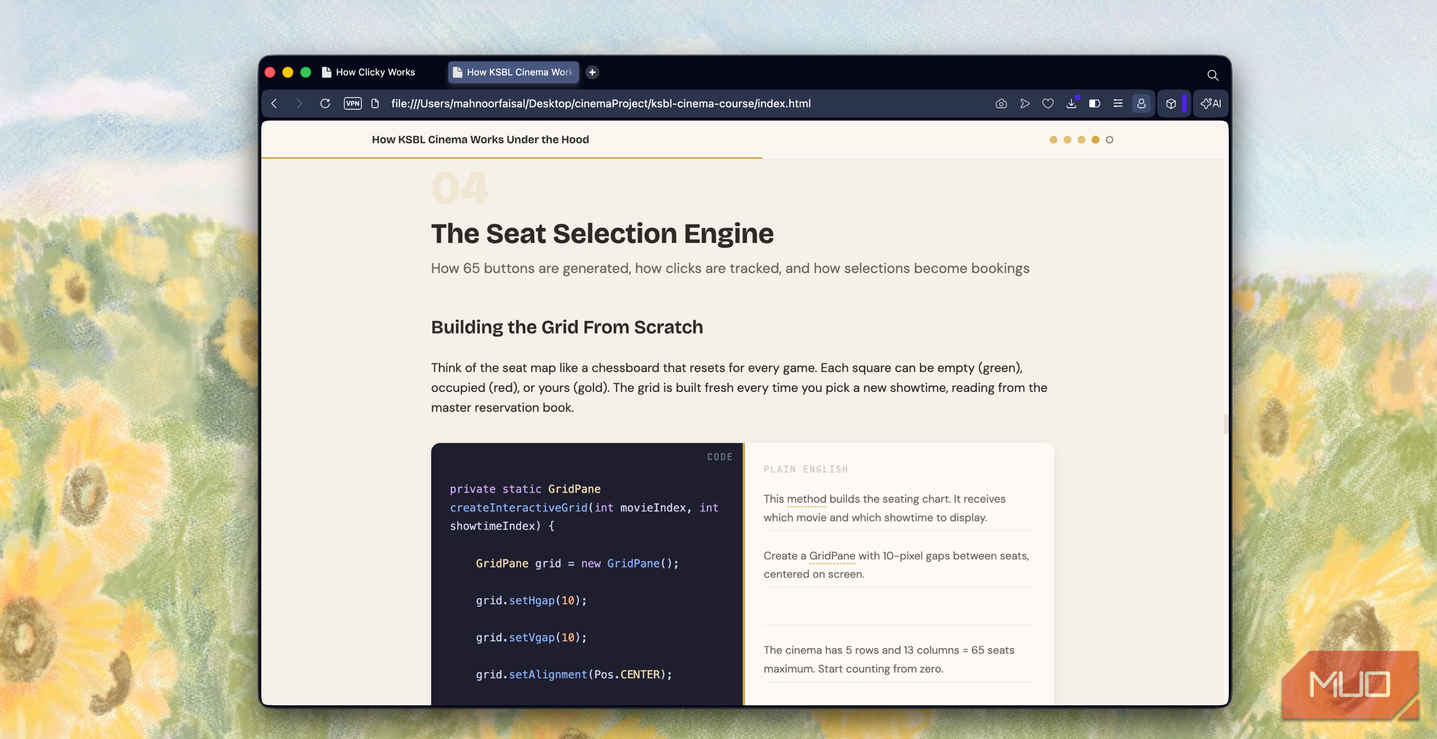 browser window displaying article about seat selection engine with code snippet showing grid layout implementation